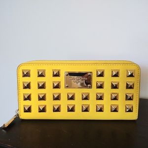 Michael Kors Pyramid Studded Zip Up Wallet Citrus Yellow and Gold